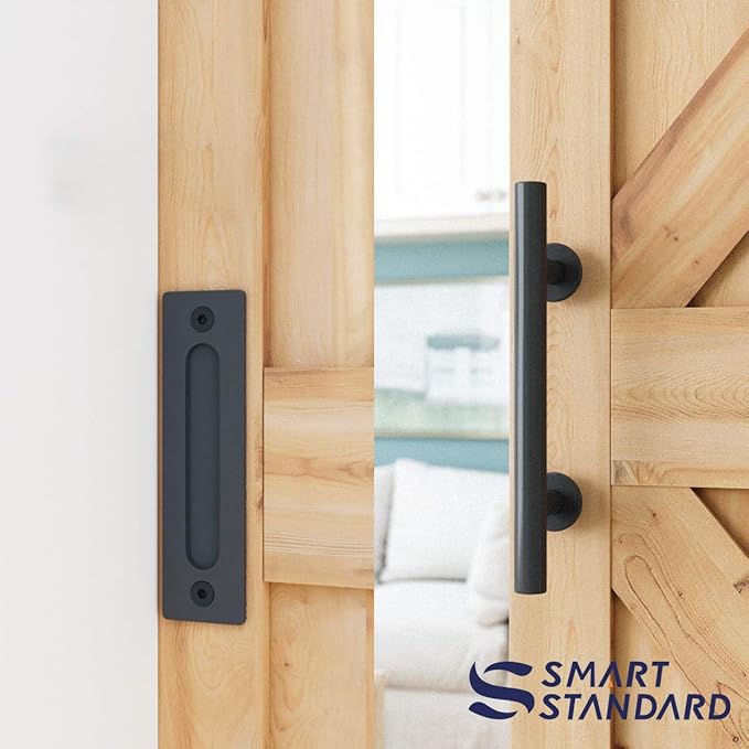 SMARTSTANDARD 8 FT Heavy Duty Sturdy Sliding Barn Door Hardware Kit, Black, (Whole Set Includes 1x Pull Handle Set & 1x Floor Guide) Fit 42"-48" Wide Door Panel (I Shape Hanger)