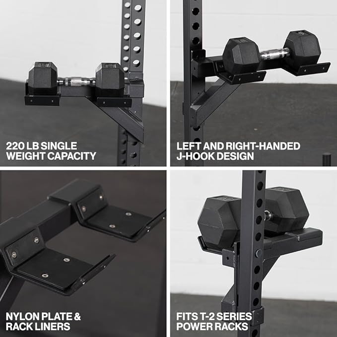 Titan Fitness T-2 Series Dumbbell Weight Bar Holders, Rack Mounted Spotter Arms, 440 LB Capacity, J-Hook Mounting with Nylon Cradle Liners, Strength Training Accessories