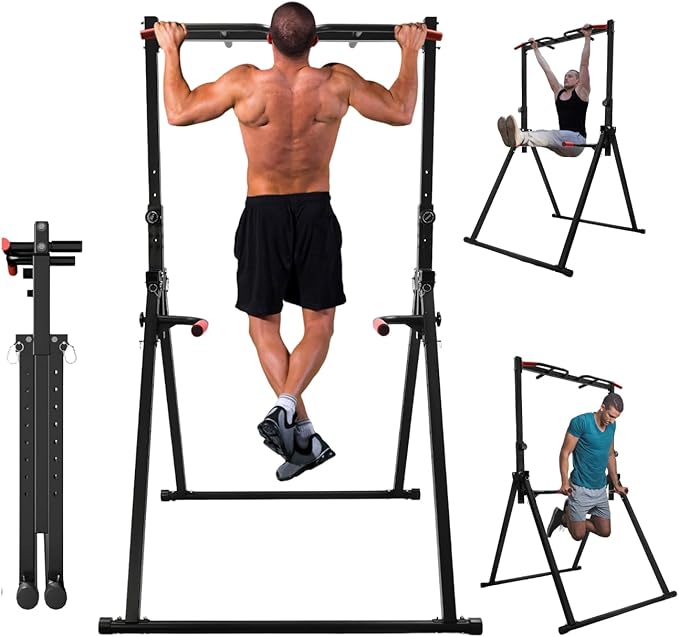 Foldable Pull Up Bar Stand, 440LBS Capacity Adjustable Height Dip Station for Home Gym, Strength Training Equipment for Calisthenics, Pullups, and Dips