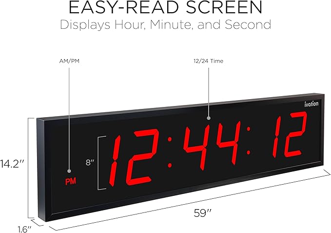 Ivation Huge Oversized 60" Large Digital LED Clock | Big Digital Clock w/Multi-Function Display – Stopwatch, Timer, Alarms, Temp & Date | 6 Brightness Levels, Time Memory & Remote (Red)