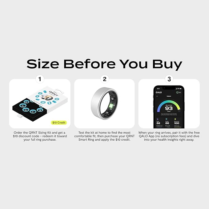 QALO QRNT Smart Ring – Snug Fit – Size Up – Water-Resistant Titanium Fitness Tracker, Tracking for Sleep, Steps, HRV, SpO2 – No Subscription, iOS Android App – Includes 2 Silicone Covers (Silver, 11)