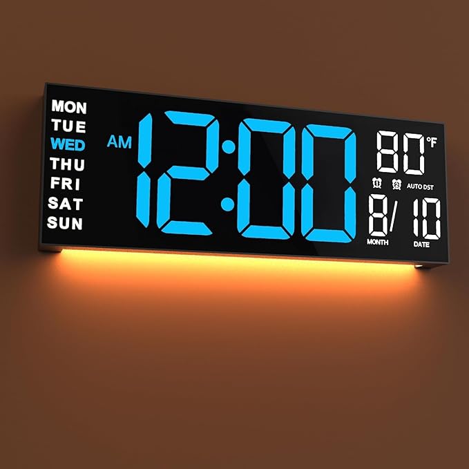 JALL 16" Large Digital Wall Mount Clock, Count Down Timer, Alarm, Big LED, RGB Color, DST, Temperature for Living Room Classroom Desk, Xmas, Birthday Gift for Senior Mom Dad (Blue White, 16 inches)
