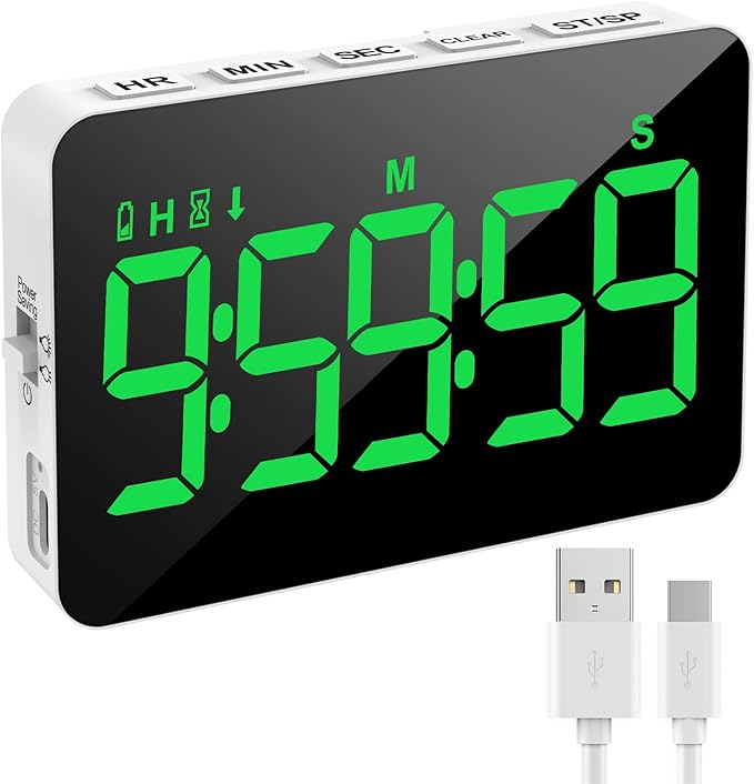 Rechargeable Digital Kitchen Timer for Cooking, Magnetic Timers with Countdown/up, Kids Timer with 5”LED Display 3 Brightness 4 Volume Adjustable for Classroom/Office/Home/Work/Fitness/Game(Green)