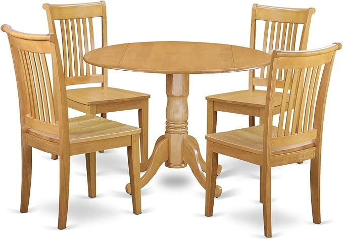 East West Furniture DLPO5-OAK-W 5 Piece Modern Dining Table Set Includes a Round Wooden Table with Dropleaf and 4 Dining Chairs, 42x42 Inch, Oak