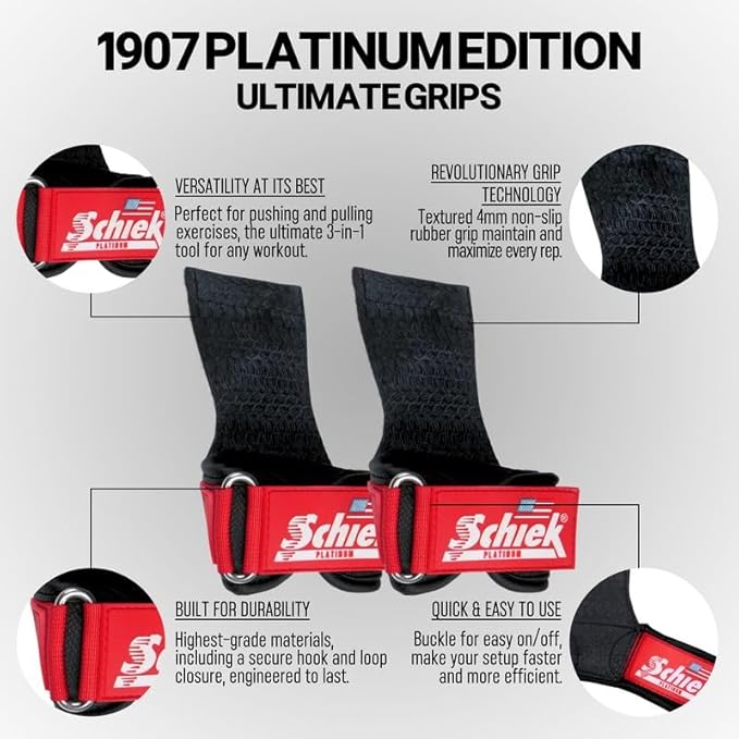 Schiek Sports Model 1907 Platinum Edition Ultimate Grips - 3 in 1 Weight Lifting Straps Wrist Wraps and Grip Pads - Secure Non Slip Control and Comfort for Strength Training