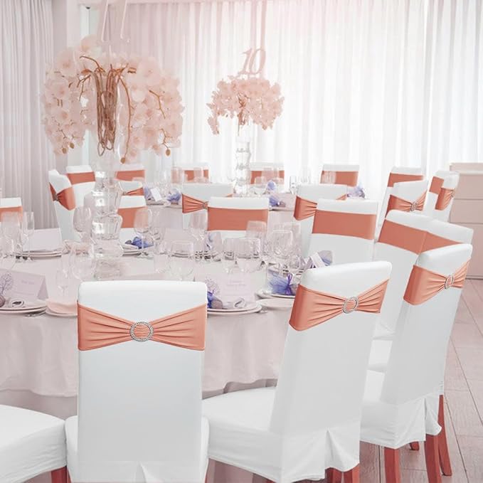 MDS Pack of 75 Spandex Chair Sashes Bow Premium Stretch Chair Cover Band with Buckle Slider Universal fits Elastic Dining Chair Ties for Wedding Party Banquet Events Decoration - Coral Peach