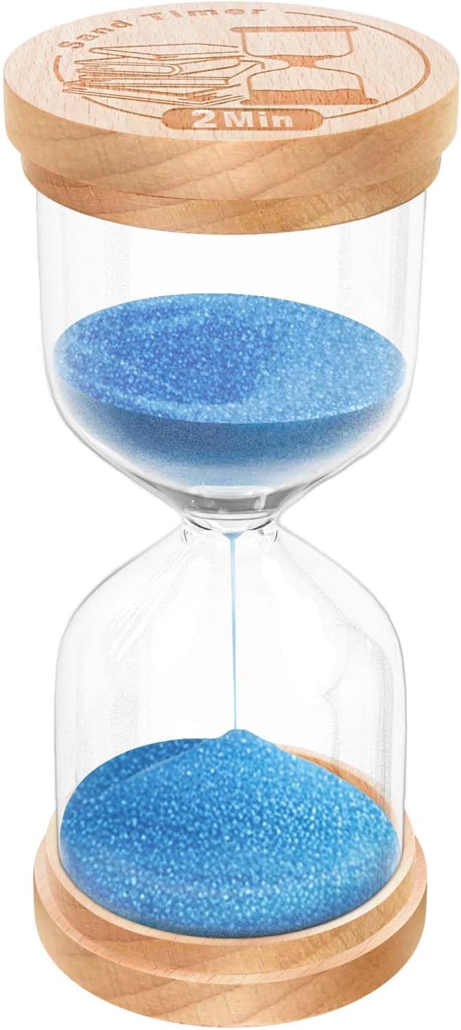 2 Minute Sand Timer, Wooden Hourglass Sand Clock, Small Wood Blue 2 Min Hour Glass, Two Minutes Sandglass for Brushing Teeth, Reloj De Arena, Classroom, Game, Kitchen, Home, Office