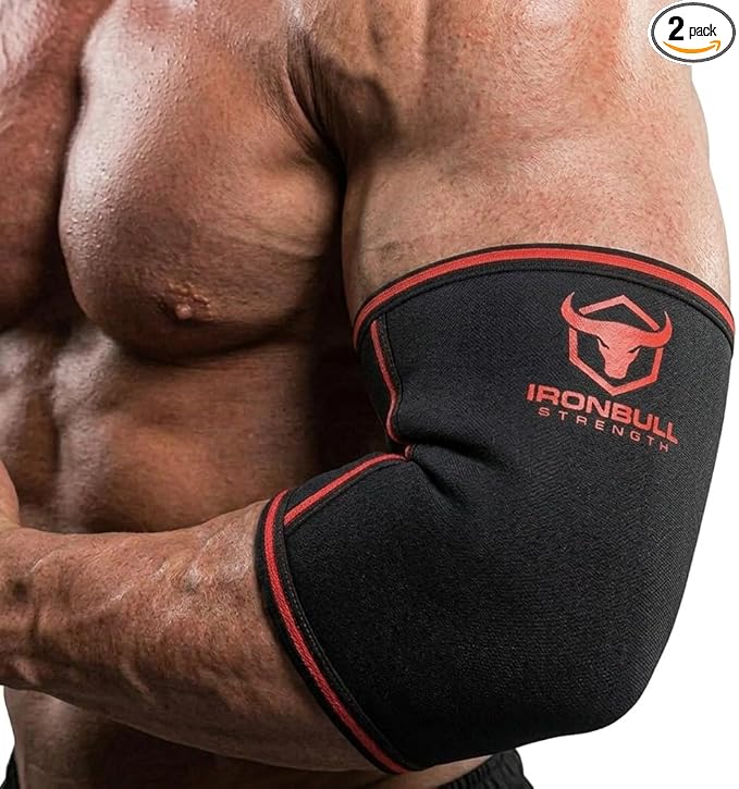 Elbow Sleeves 5mm (1 Pair) - High Performance Elbow Sleeve Support for Weightlifting, Weight Training & Powerlifting - Best Compression Straps - for Men and Women (Large, Black/Red)