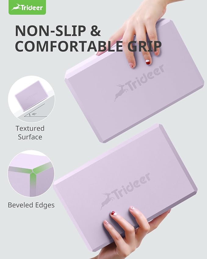 Trideer Yoga Blocks 2 Pack, Soft Non-Slip Foam Blocks with Beveled Edges for Alignment and Stretching in Yoga, Pilates, and Dance - Supportive, Lightweight, Odor Resistant, Latex-Free