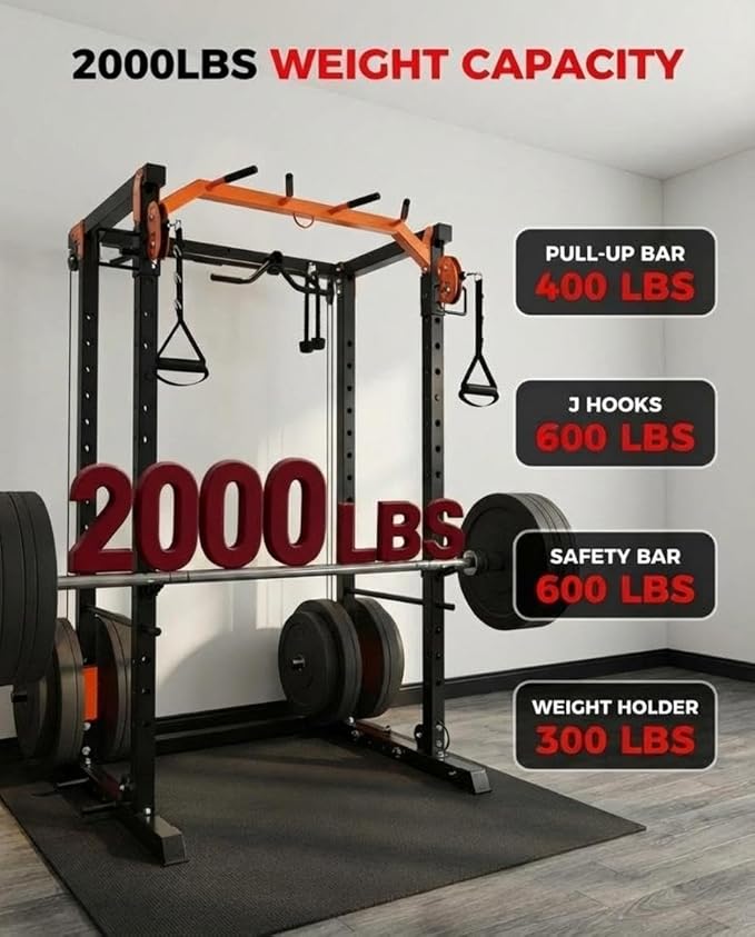 Power Cage with LAT Pulldown & Cable Crossover System, 2000LBS Multi-Functional Power Rack, All-in-1 Weight Cage Home Gym with Adjustable Pulley System, Squat Rack for Garage, Home