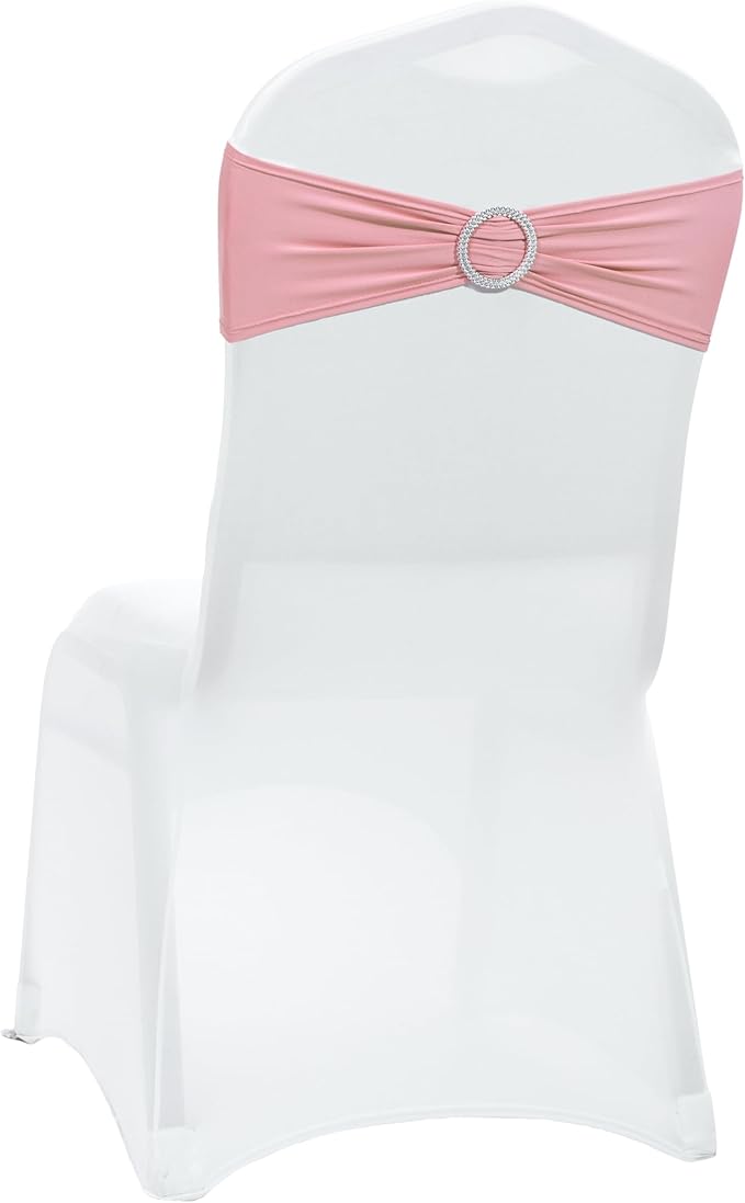 VDS - Dusty Rose | Spandex Chair Sashes Bows | 50 PCS | Stretch Elastic Banquet Universal Folding Chair Band Tie with Silver Buckle Slider for Wedding Party Conference Celebration Event Decoration