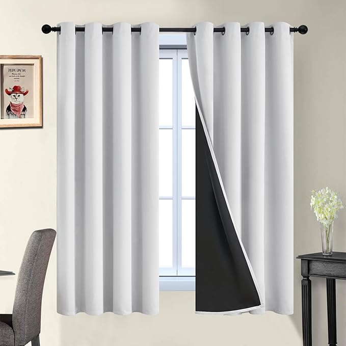 Yakamok 100% Blackout Curtains 63 Inches Long, 2 Thick Layers Heat and Full Light Blocking Soft Thermal Insulated Drapes for Bedroom(52" Wide Each Panel, Greyish White, 2 Panels)