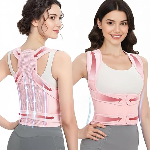 Posture Corrector for Women and Men, Full Back Brace with Breathable Mesh, Shoulder Straightener for Back & Neck Pain Relief, Spine Alignment & Hunchback Support(Pink M)