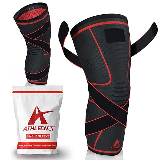 ATHLEDICT Knee Brace Compression Sleeve with Strap for Best Support & Pain Relief for Meniscus Tear, Arthritis, Running, Basketball, MCL, Jogging, Post Surgery Recovery for Men & Women, M