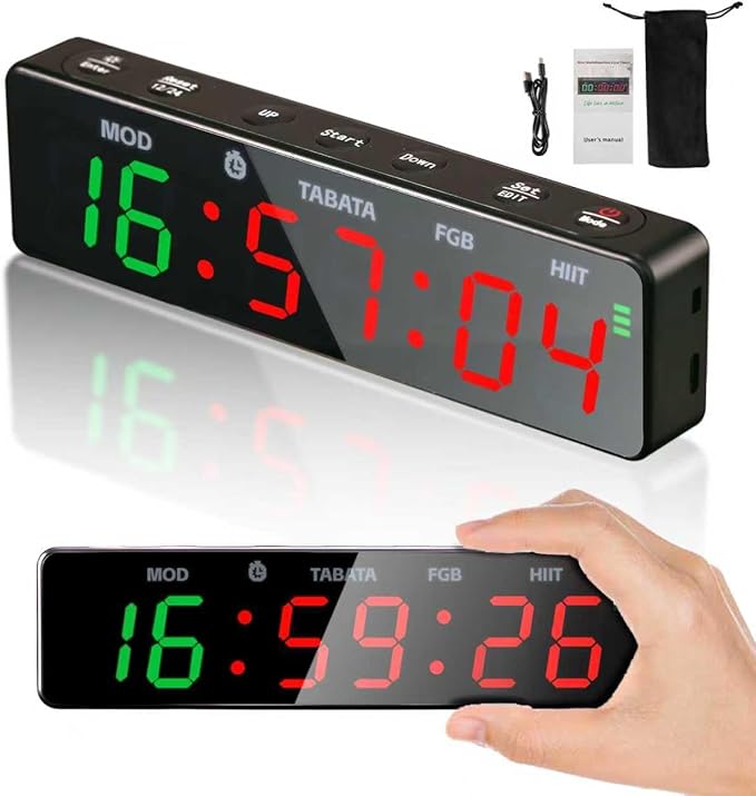 Gym Timer Clock,Magnetic Workout Interval Timer with LED Display,Clock/Countdown/Count up/Stopwatch/Tabata/FGB/HIT Mode,10 Second Countdown &3 Second Emphasis When Start, Home Gym, Garage & Schools