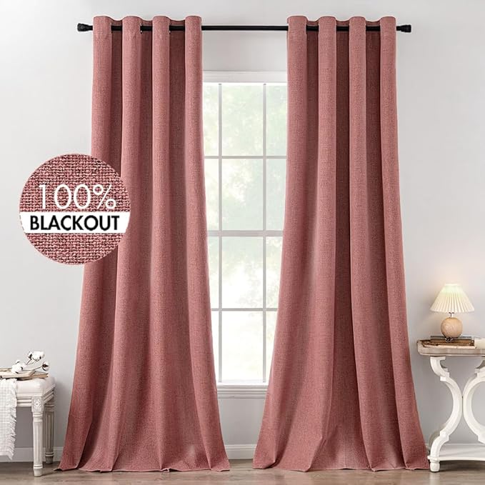 MIULEE 100% Blackout Linen Textured Curtains for Bedroom Solid Thermal Insulated Dusty Rose Grommet Room Darkening Curtains & Drapes Luxury Decor for Living Room Nursery 52 x 120 Inch (2 Panels)