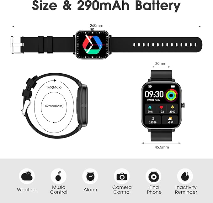 Smart Watch (Answer/Make Call): 1.85" Waterproof Fitness Trackers with 24-Hours Blood Pressure Heart Rate SpO2 Sleep Monitor Watches for Men Women, iPhone Android Compatible (Stone Black)