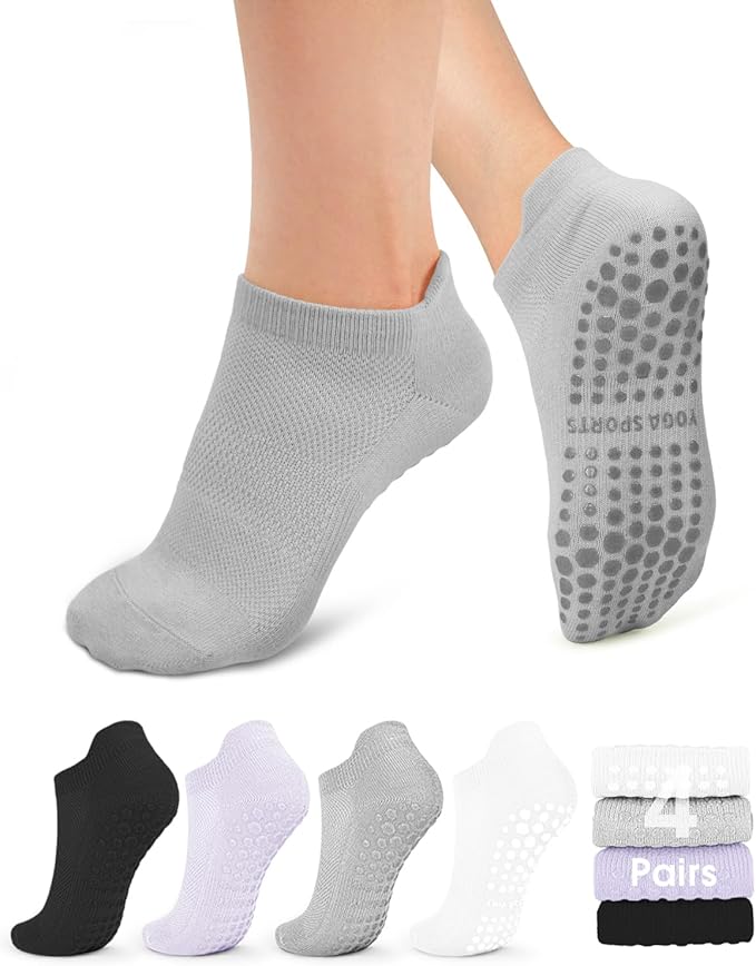yeuG Pilates Socks for Women Non Slip Grip Socks for Yoga, Barre, Hospital, Barefoot Grippy Yoga Sock Womens Gifts 4 Pairs