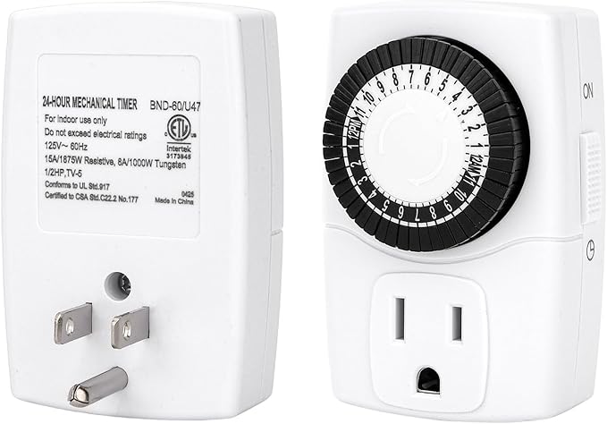Baomain 2-Pack Indoor Mini 24-Hour Mechanical Outlet Timer, 15A 125VAC ON/Off Single Outlet,3-Prong Plug Timer BND-60/U47,ETL Listed