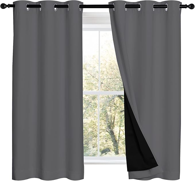 NICETOWN Grey 100% Blackout Curtains 2 Panels with Black Liners, Thermal Insulated Full Blackout 2-Layer Lined Drapes, Noise Cancellation Window Draperies for Dining Room (42-inch W by 54-inch L)