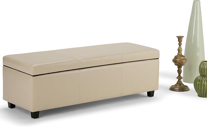 SIMPLIHOME Avalon 48 inch Wide Contemporary Rectangle Storage Ottoman Bench in Satin Cream Vegan Faux Leather, Assembled, for the Living Room, Entryway and Family Room