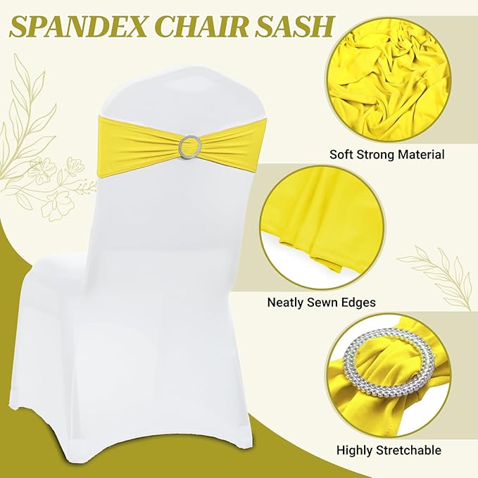 VDS - Yellow | Spandex Chair Sashes Bows | 50 PCS | Stretch Elastic Banquet Universal Folding Chair Band Tie with Silver Buckle Slider for Wedding Party Conference Celebration Event Decoration