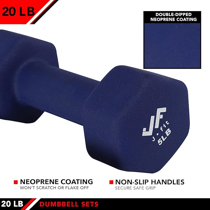 JFIT Dumbbell Pairs or Sets – Neoprene & Vinyl Coated Hand Weights for Home Gym, Strength Training, Aerobics, Cardio Exercise and Fitness