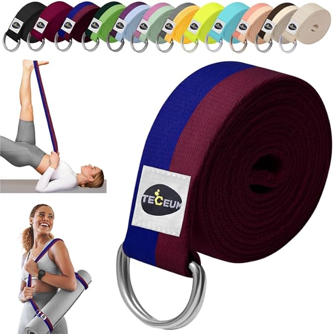 TECEUM Yoga Strap & Mat Strap – 2 IN 1 – Cotton – 6 ft 8 ft 10 ft (30+ colors) – Adjustable Non-Slip Belt for Yoga, Pilates, Stretching, Physical Therapy, Fitness & Home Workout – For Carrying Mats