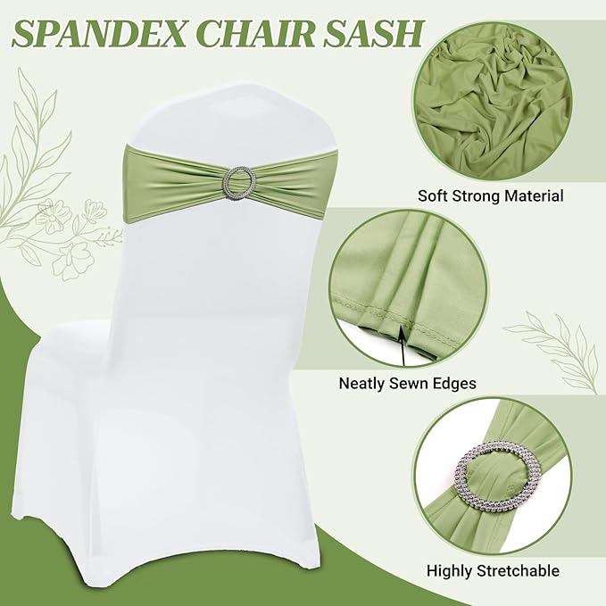 VDS - Sage Green | Spandex Chair Sashes Bows | 250 PCS | Stretch Elastic Banquet Universal Folding Chair Band Tie with Silver Buckle Slider for Wedding Party Conference Celebration Event Decoration