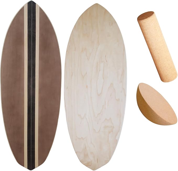 Maple Wood Balance Board with Roller and Half Ball Accessories - Dual-Mode Balance Trainer for Adults, Home Gym & Office Use, Surfboard Shape Design(31.5 x 11.8in)