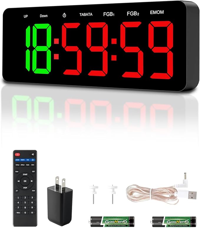 Gym Clock Timer for Tabata/FGB/EMOM,Interval Workout with Large LED Display,Digital Wall Clock with Seconds | Fitness Timer with Remote Control for Classroom Home Garage Office