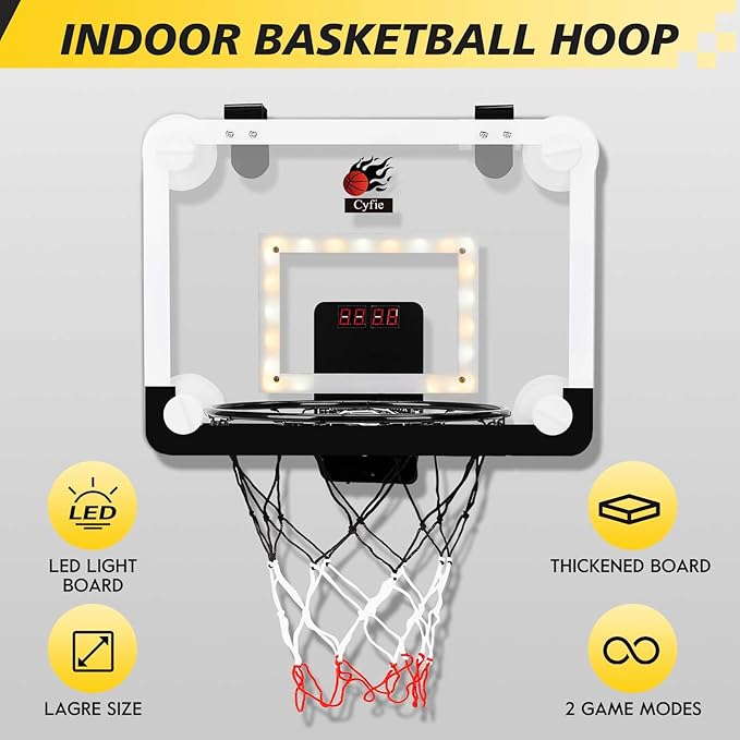 CYFIE LED Basketball Hoop, Suction Cup/Over The Door Basketball Hoop with Sturdy Backboard/Electronic Scoreboard, Sound, 3 Balls, Mini Indoor Basketball Toy Gifts for Kids Teens Boys Girls Youth
