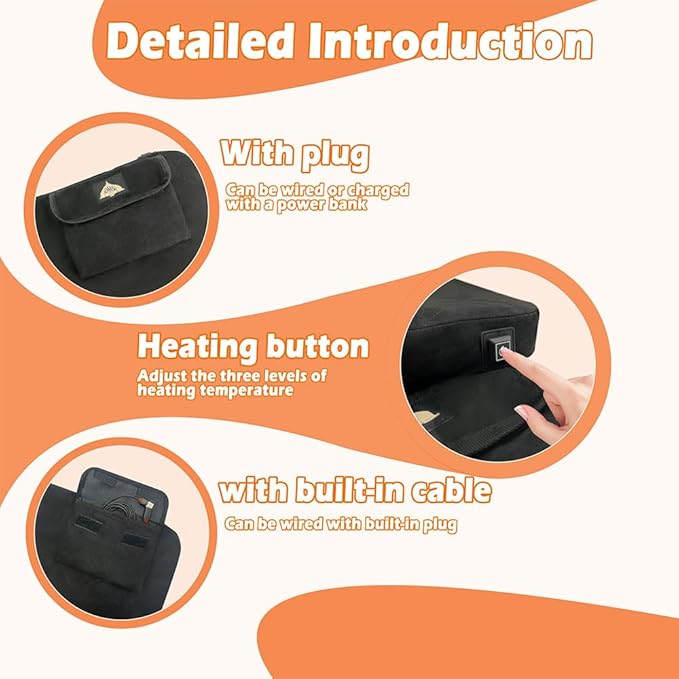 Heated Seat Cushion Foldable Memory Foam Heated Seat Pad with 3 Level Heating for Camping Fishing Office Chair Stadium Seats (Power Supply Not Included) (Artificial Suede) (L-Shape) (Square)
