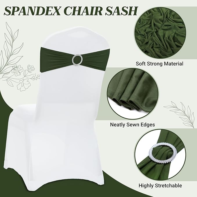 VDS - Olive | Spandex Chair Sashes Bows | 250 PCS | Stretch Elastic Banquet Universal Folding Chair Band Tie with Silver Buckle Slider for Wedding Party Conference Celebration Event Decoration