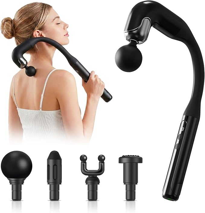 Massage Gun with Upgraded Extension Handle, Back Shoulder Massager for Pain Relief Deep Tissue, Muscles/Neck/Shoulders/Waist/Legs Massager with 4 Massage Heads & 6 Speed Levels & 3 Massage Modes
