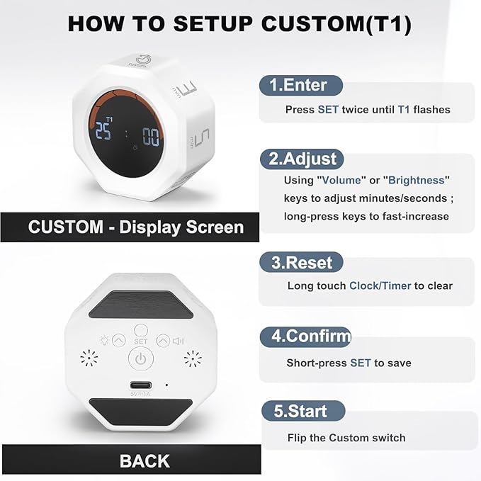 Small Productivity Timer - Pomodoro Timer with 3/5/10/25/60 Min Presets & Custom Countdown | Magnetic Rechargeable Digital Clock for Desk, Study and Games (White)