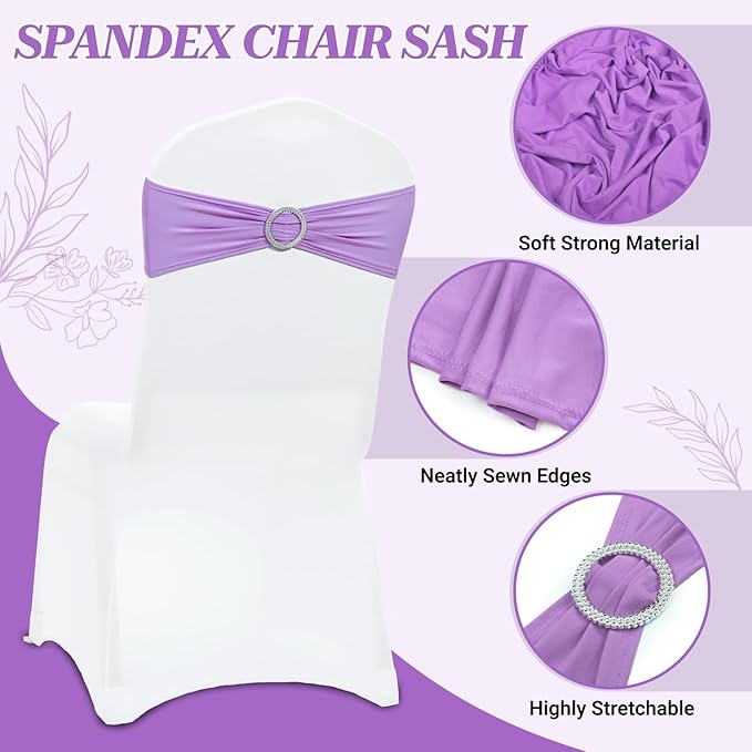 VDS - Lavender | Spandex Chair Sashes Bows | 10 PCS | Stretch Elastic Banquet Universal Folding Chair Band Tie with Silver Buckle Slider for Wedding Party Conference Celebration Event Decoration