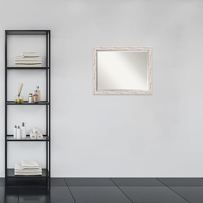 Amanti Art White Bathroom Mirror for Over Sink, 25x31 Alexandria White Wash Narrow Rectangle Vanity Mirror, Large Cottage Wood Frame, Hangs Horizonally and Vertically, Bathroom Wall Decor, Beveled