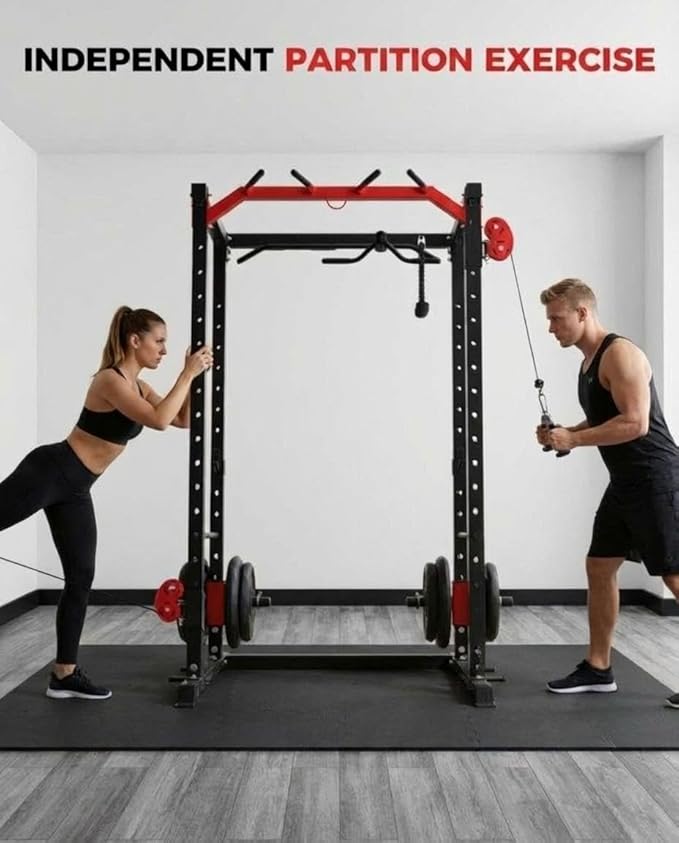 Power Cage with LAT Pulldown & Cable Crossover System, 2000LBS Multi-Functional Power Rack, All-in-1 Weight Cage Home Gym with Adjustable Pulley System, Squat Rack for Garage, Home