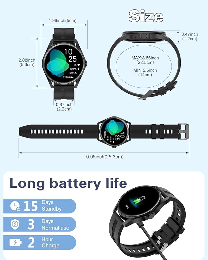 HUAKUA Smart Watches for Women Men (Answer/Make Calls) Compatible with iPhone/Android Phones, Round Smartwatch Digital Watch Fitness Tracker with Heart Rate Monitor Sleep Tracker Waterproof Black