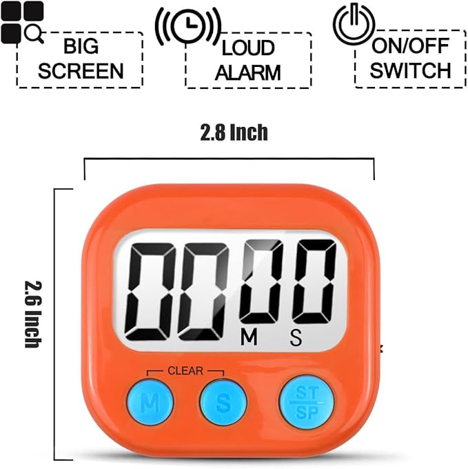 2 Pack Digital Kitchen Timer for Cooking Big Digits Loud Alarm Magnetic Backing Stand Cooking Timers for Baking Orange