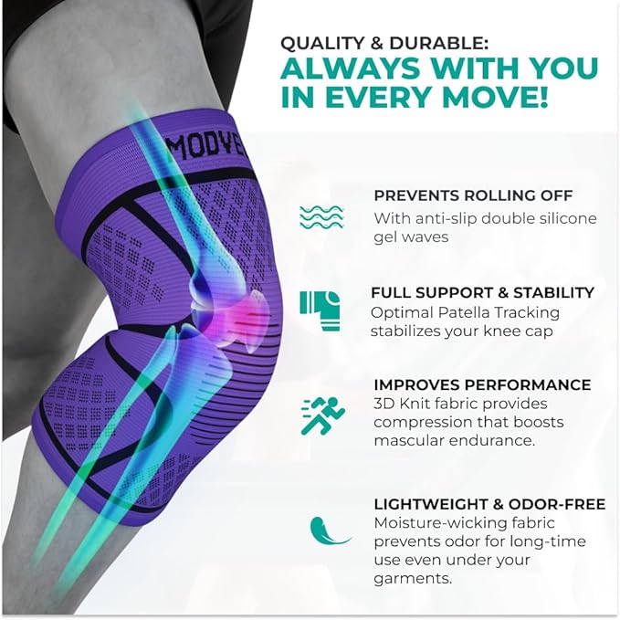 Modvel Knee Sleeves for Pain Women & Men - 2 Pack Brace for Pain Set, Brace Compression Sleeve, Support for Knee Pain Meniscus Tear, ACL & Arthritis Pain Relief, Purple XXXL