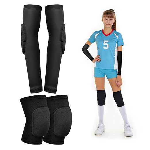 Volleyball Knee Pads and Arm Sleeves with Elbow Pads Set, High Protection Arm Pads Knee Pads for Youth Girls Boys Women Men Volleyball Basketball Football Skateboarding Wrestling Dance (Black/S)