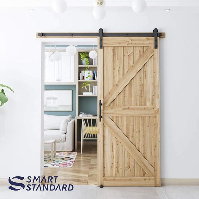 SMARTSTANDARD 6 FT Heavy Duty Sturdy Sliding Barn Door Hardware Kit, Black, (Whole Set Includes 1x Pull Handle Set & 1x Floor Guide) Fit 34''-36" Wide Door Panel (I Shape Hanger)