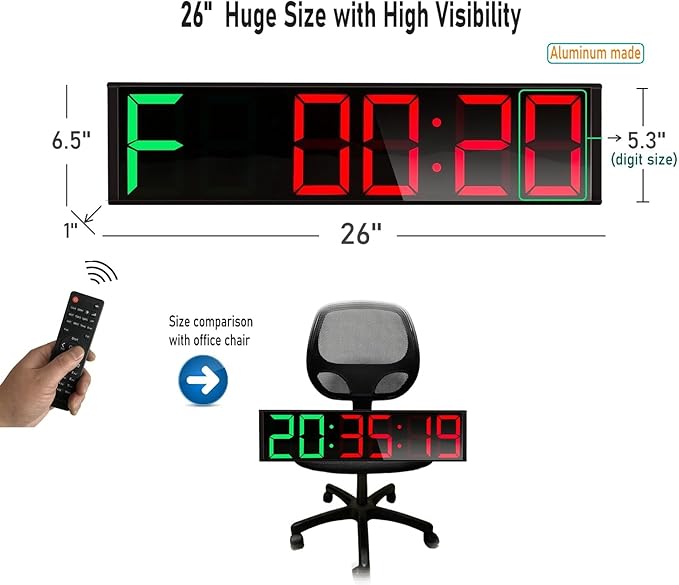 26'' Huge Home Gym Interval Workout Timers, Digital Wall Clock, with Countdown, Stopwatch, 7-Color Light, 8-Alarms, Calendar/Temperature Display, for HIIT/Tabata/FGB/EMOM (Green & Red)