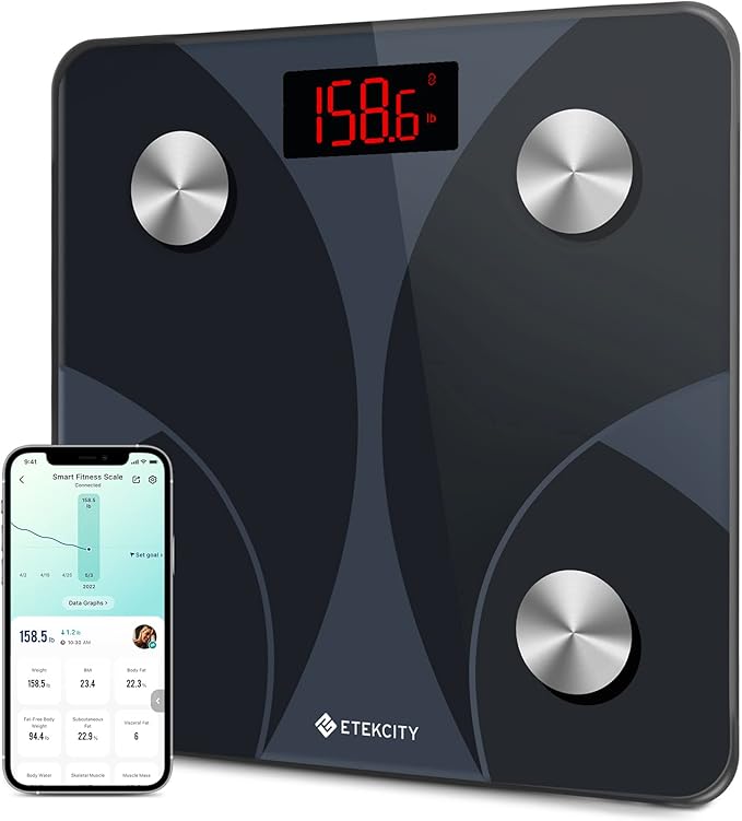 Etekcity Scale for Body Weight and Fat Percentage, FSA&HSA Eligible, Smart Digital LED Bathroom BMI Measurement, Accurate Bluetooth Weighing Machine, Body Composition Analyzer, Ash-black, 400lb