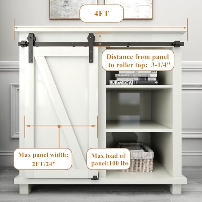4FT Super Mini Sliding Barn Door Hardware Kit for Single Door TV Stands Small Cabinets, J-Shaped Hanger (No Cabinet)