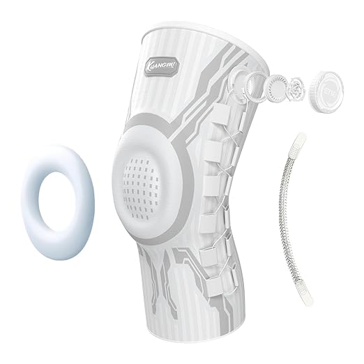 Kuangmi Knob Knee Brace for Pain Relief, Knee Support with Patella Gel Pad & Side Stabilizers, Compression Knee Sleeve for Workout, Arthritis, Joint Pain, Meniscus Tear (White,Left,Large,Single)