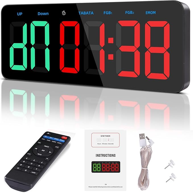 PELLOR Gym Timer Clock, Interval Timer with Function Mode Display, Countdown/UP Stopwatch Adjustable Brightness with Remote Control, 3'' Large Digits Digital Wall Clock for Home Gym Room