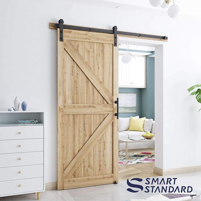 SMARTSTANDARD 6 FT Heavy Duty Sturdy Sliding Barn Door Hardware Kit, Black, (Whole Set Includes 1x Pull Handle Set & 1x Floor Guide) Fit 34''-36" Wide Door Panel (I Shape Hanger)